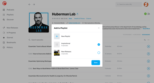 Huberman Lab - Pocket Casts screen