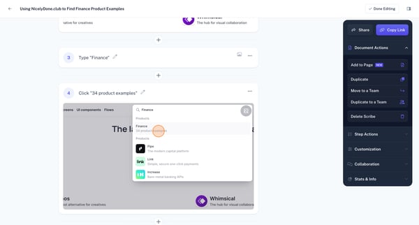 Using NicelyDone.club to Find Finance Product Examples | Scribe screen