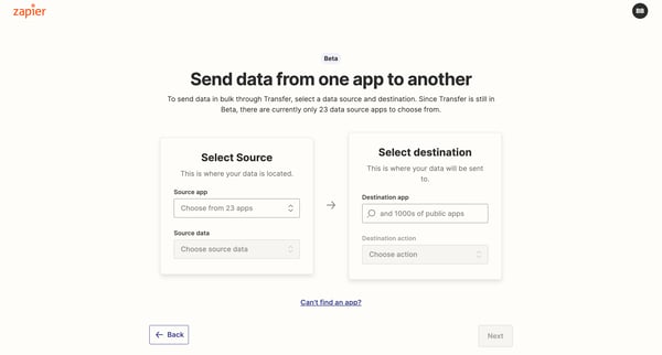 Zapier Transfer screen