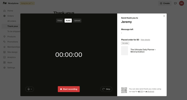 Thank yous – Dashboard screen