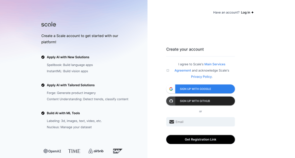 Scale - Sign Up and get started screen
