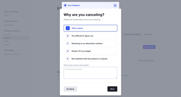 Billing settings - Jasper screen