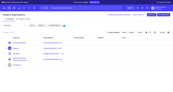 People & Organizations | Nicelydone CRM screen