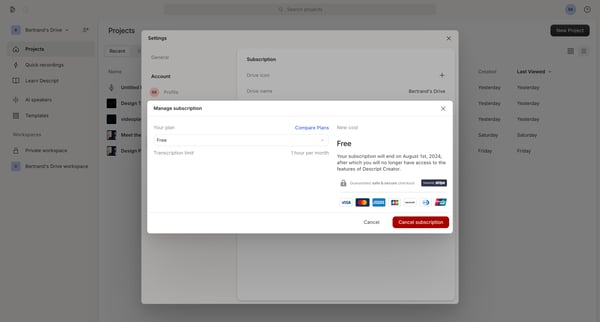 Subscription | Descript screen