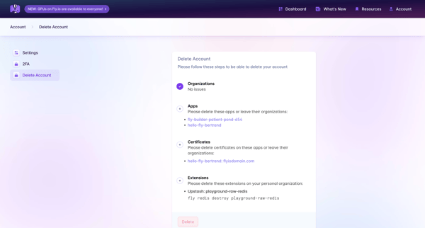 Delete Account · Fly screen