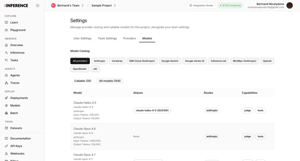 Settings | inference.net screen