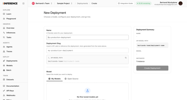 Dashboard | inference.net screen