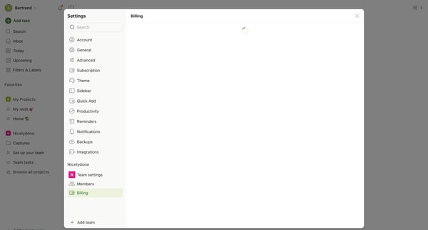 Billing – Settings – Todoist screen