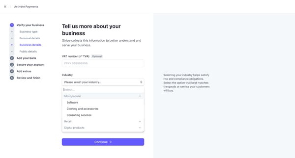 Activate your account – New Business – Stripe screen