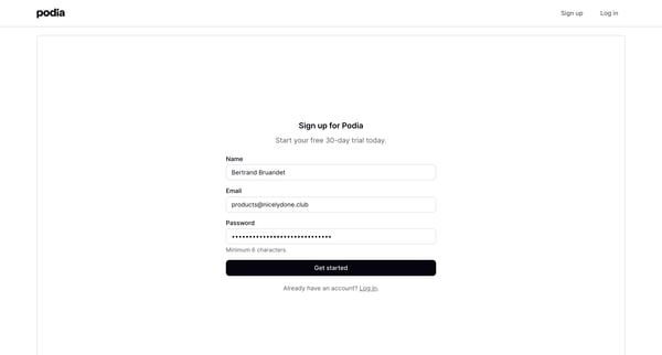 Podia Signup screen