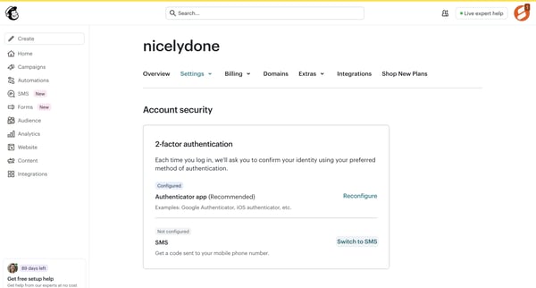 Account Security | Mailchimp screen