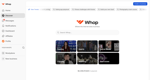 Discover | Whop screen