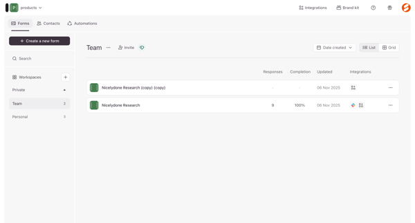 Typeform - Workspaces screen