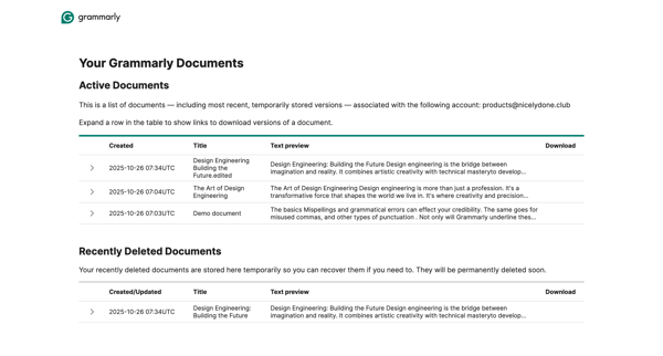 Your Grammarly Documents screen
