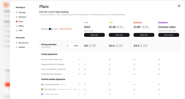 Plans | Settings  Scribe screen