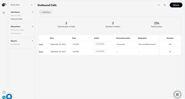 Outbound Calls screen