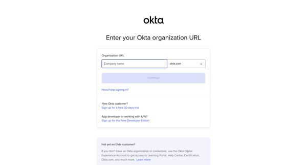 Log in to your Okta org screen