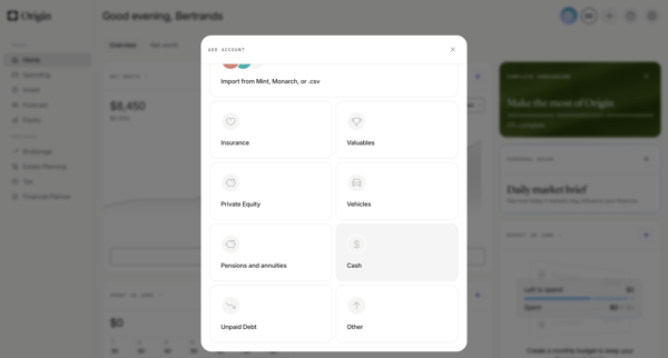 Origin Financial screen