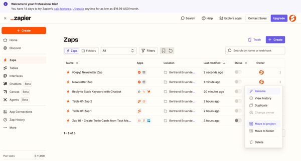 Zaps | Zapier screen