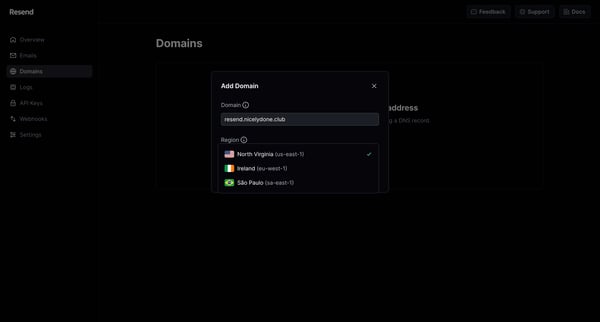 Domains · Resend screen