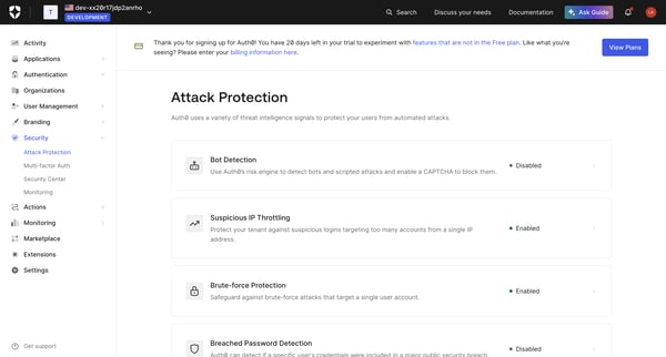Attack Protection screen