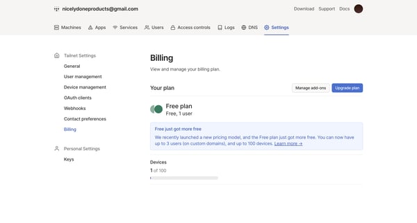 Billing - Tailscale screen