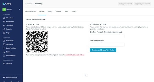 Account - Security | Vero screen