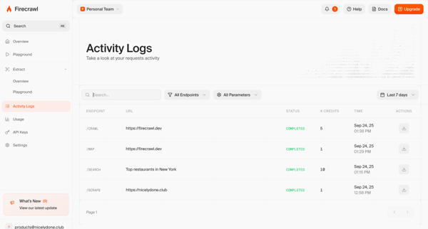 Logs | Firecrawl screen