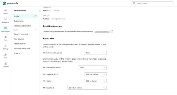 Account | Grammarly screen
