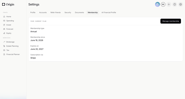 Origin Financial screen