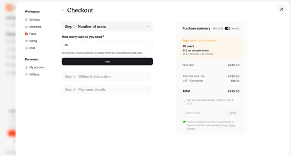 Checkout | Settings  Scribe screen