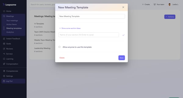 Meetings | Templates  Leapsome screen