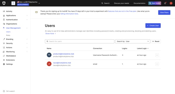 Users screen