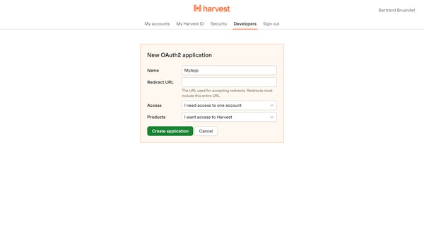 New OAuth2 application screen