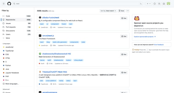 Repository search results · GitHub screen