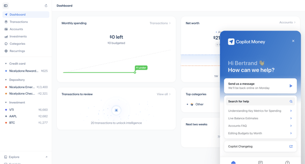 Copilot Money | Dashboard screen