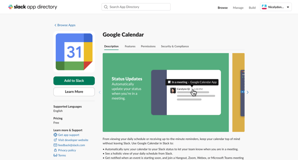 Google Calendar | Slack App Directory screen