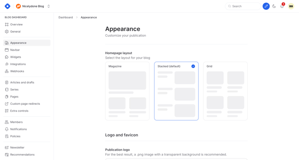 Dashboard - Appearance screen