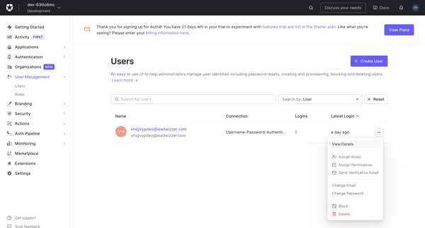 Users screen