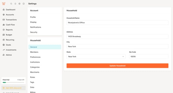 Household Settings screen