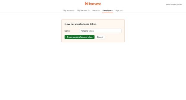 New personal access token from Harvest