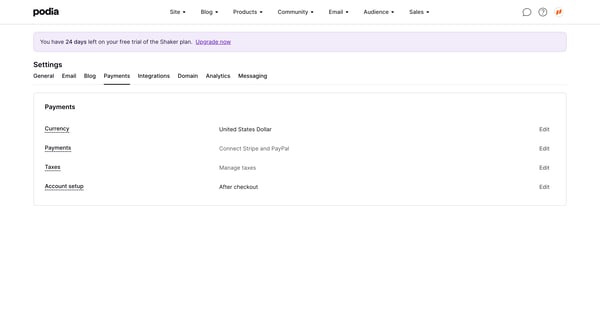Podia Payment settings screen