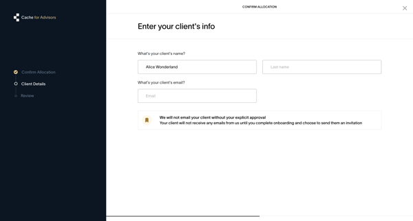 Cache – Confirm allocation for your client | Cache for Advisors screen