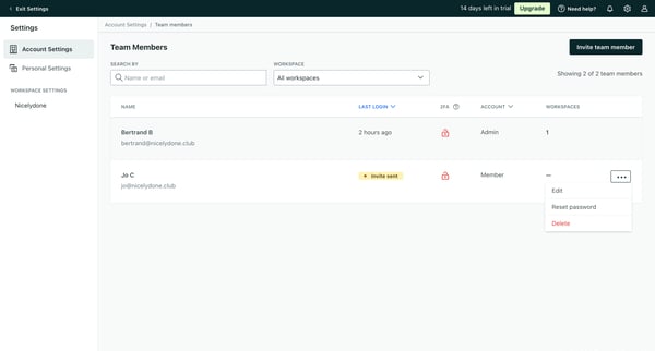 Team members | Account Settings Customer.io screen