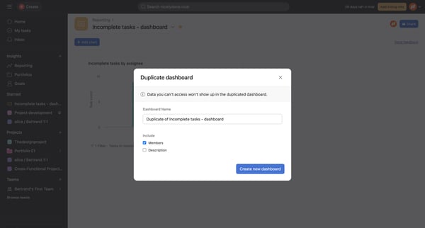 Incomplete tasks - dashboard - Asana screen