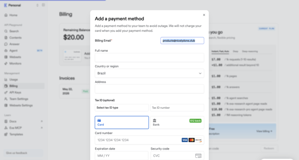 Billing | Exa API screen