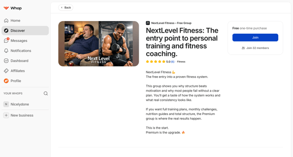 NextLevel Fitness – Free Group | Whop screen