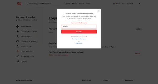 Login | Security SeatGeek screen
