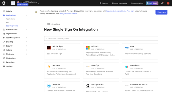 SSO Integrations Create screen