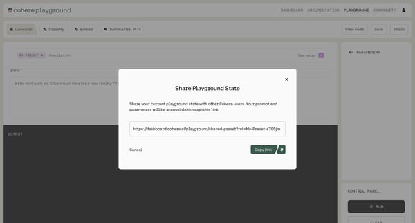 Generate | Cohere screen